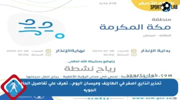 تحذير إنذاري أصفر في الطائف وميسان اليوم.. تعرف على تفاصيل الحالة الجوية